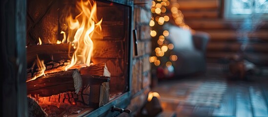 Poster - Winter at home. Closeup of fireplace with orange fire flame interior. Heating. with copy space image. Place for adding text or design
