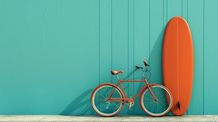 Wall Mural - Surfing board placed against wall in colorful tropical settings