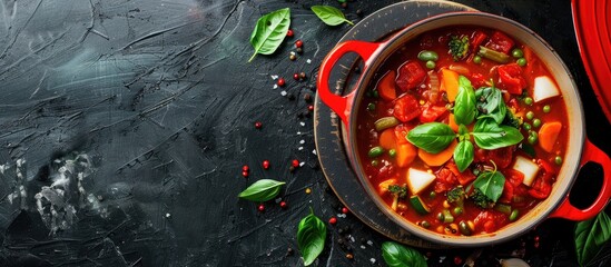 Aufkleber - Big red pot for soup with vegetables. Copy space image. Place for adding text or design