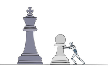 Wall Mural - Single continuous line drawing smart robot future technology push huge pawn chess piece. Business strategy and marketing plan. Strategic move in business concept. One line design vector illustration