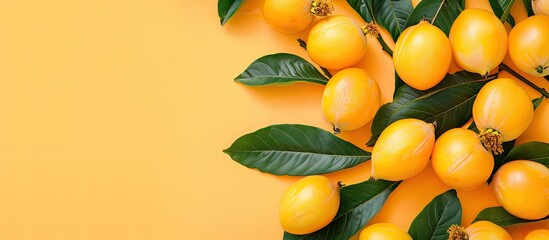 Fototapete - Fresh loquat Isolated on pastel background.  Design. with copy space image. Place for adding text or design