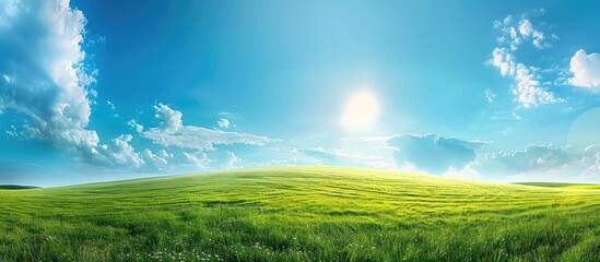 Fototapete - Panoramic natural landscape with green grass field and blue sky with clouds with curved horizon line. Panorama summer spring meadow. Copy space image. Place for adding text or design