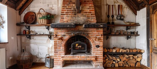 Poster - Fragment of the interior of a country house. Traditional brick fireplace. Near the oven there is wood. The concept of coziness of a country house with preservation of ancient traditions