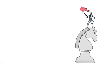 Poster - Single one line drawing robotic smart technology standing on top of the big horse chess and waving a flag. Business achievement goal, metaphor concept. Continuous line design graphic illustration