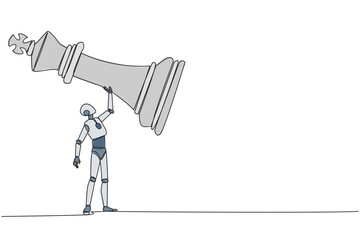 Poster - Single one line drawing smart robot future technology pulling big rook chess with rope. Business achievement goal, strategy, competitive, strategic concept. Continuous line design graphic illustration