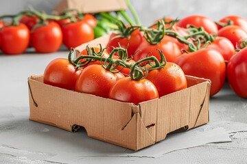 Wall Mural - Fresh Tomatoes in Cardboard Box on Market Stand