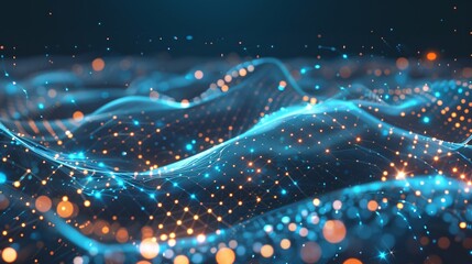 Poster - Abstract futuristic illustration of data technology, showcasing a wave composed of connecting dots and lines on a dark background, forming a wave-like pattern of particles.