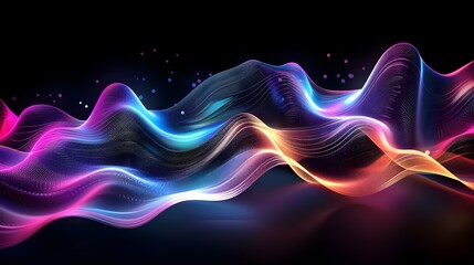 Poster - Abstract futuristic illustration of data technology, showcasing a wave composed of connecting dots and lines on a dark background, forming a wave-like pattern of particles.
