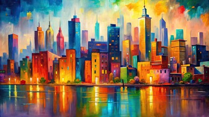 Wall Mural - Abstract cityscape painting with vibrant colors, cityscape, abstract, painting, bright, colors, urban, art