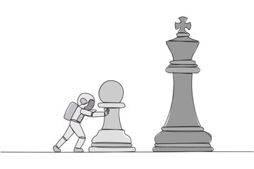 Poster - Single continuous line drawing young energetic astronaut push huge pawn chess piece. Business strategy and marketing plan. Strategic move in business concept. One line design vector illustration