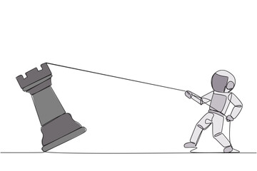 Poster - Single one line drawing young energetic astronaut pulling big rook chess with rope. Business achievement goal, strategy, competitive, strategic concept. Continuous line design graphic illustration