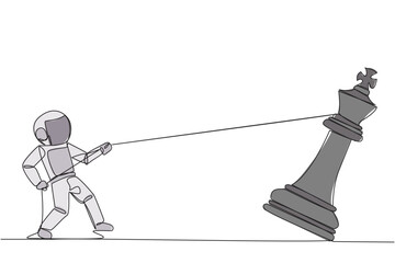 Poster - Continuous one line drawing young energetic astronaut pulling big king chess with rope. Business achievement goal, strategy, competitive, strategic concept. Single line draw design vector illustration