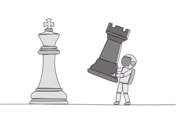 Poster - single continuous line drawing young astronaut holds rook chess to beat king chess. strategic planni
