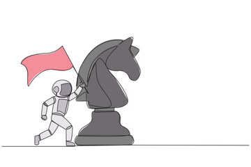Poster - continuous one line drawing young energetic astronaut running and holding flag beside big horse knig