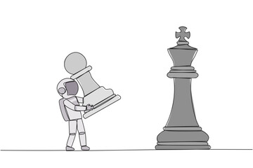Poster - single one line drawing young astronaut holds pawn chess to beat king chess. strategic planning, bus