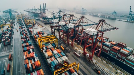 Wall Mural - Bustling Cargo Port with Cranes Unloading Containers Under Overcast Skies