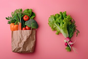 Wall Mural - Fresh Vegetables in a Paper Bag on Pink Background