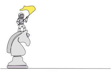 Poster - Continuous one line drawing young energetic astronaut standing on top of big horse chess and waving a flag. Business achievement goal, metaphor concept. Single line draw design vector illustration