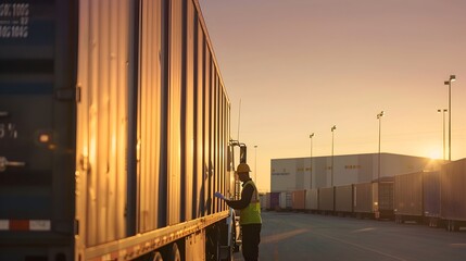 Wall Mural - Semi-Truck Loaded with Containers at Distribution Center,Driver Checking Paperwork in Early Morning