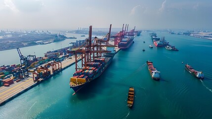 Wall Mural - Bustling Aerial View of Port with Cargo Ships and Containers Under Sunny Skies