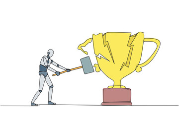 Poster - Single one line drawing smart robot preparing to hit the big trophy. Rampage. Expressing mounting anger. Smashing the trophy with a sledgehammer. Failed. Continuous line design graphic illustration
