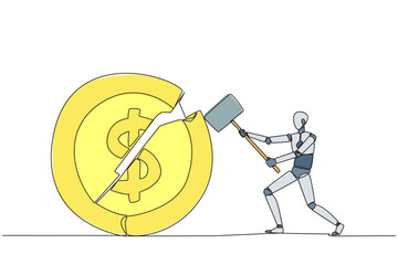 Poster - single one line drawing smart robotic preparing to hit the big coin with dollar symbol. failed to ge