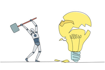 Poster - Single continuous line drawing smart robot preparing to hit a big lightbulb. The thrashing anger. Failed to secure a brilliant business idea. Destruction. Rampage. One line design vector illustration