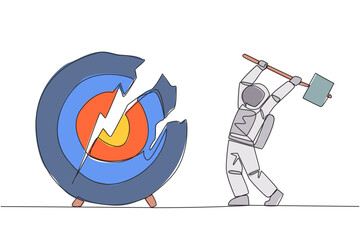 Poster - Continuous one line drawing astronaut preparing to hit a big target arrow board. Rampage. Failed to focus, failed to get the promised reward. Madness. Single line draw design vector illustration