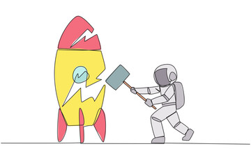 Poster - Single continuous line drawing young astronaut preparing to hit a standing rocket. Rampage. Not ready to accept new technology. Not ready for competition. Lost. One line design vector illustration