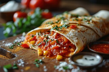Wall Mural - Burrito. Mexican Burrito. Mexican burrito with beef, beans and sour cream. Mexican cuisine popular dish. Burritos wraps with beef and vegetables on a background with copy space.