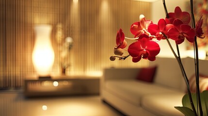 Sticker - Red Orchids in Modern Interior: Red orchids elegantly displayed in a modern interior setting
