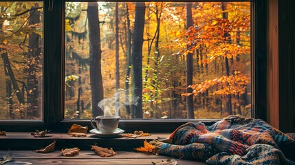 Poster - Rustic Window View: A window with a view of a forest with trees in full fall colors, a cozy window seat with a warm blanket