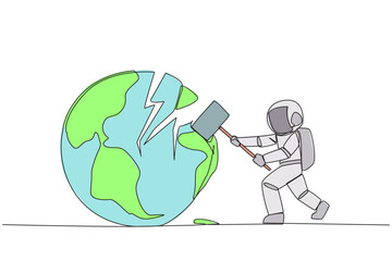 Poster - Continuous one line drawing astronaut preparing to hit the big globe. Disappointed with the world. Businesses fall apart before it grow. Deepest anger. Single line draw design vector illustration