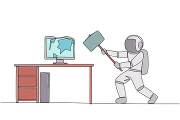 Poster - Single continuous line drawing young astronaut preparing to hit computer monitor on the work desk. Stocks that don't rise. Didn't get any profit. Anger escalated. One line design vector illustration