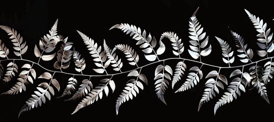 Poster - Silver Fern Leaves on Black: Delicate silver fern leaves arranged in a flowing pattern on a rich black background