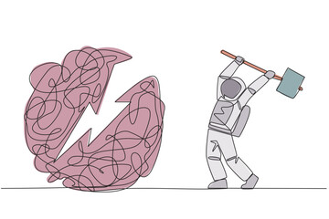 Poster - Single one line drawing young astronaut preparing to hit big mess circle. Eliminate stress and anxiety. Focus on developing business. Achieve big profits. Continuous line design graphic illustration