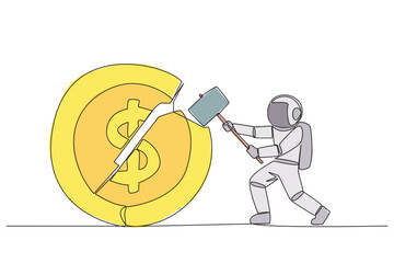 Poster - Single one line drawing young astronaut preparing to hit big coin with dollar symbol. Failed to get new investor. Failed to get income. Expressing anger. Continuous line design graphic illustration