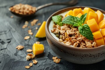 Canvas Print - Healthy Breakfast Bowl With Granola and Mango