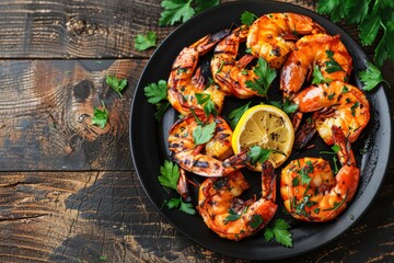 Wall Mural - Grilled Shrimp with Lemon on Rustic Wooden Table