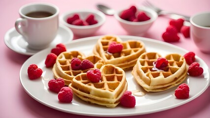 Wall Mural - New waffles shaped like hearts. A breakfast treat for Valentine's Day