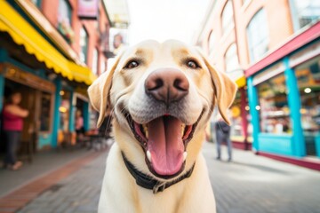 Wall Mural - Portrait of a smiling labrador retriever while standing against vibrant market street background