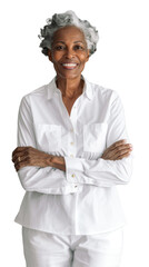 Wall Mural - An older African American woman in a white shirt, smiling warmly with arms crossed, against a transparent background.