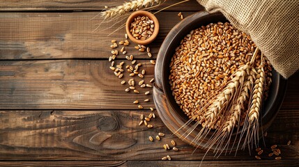 Wheat grains with wheat ear closeup view