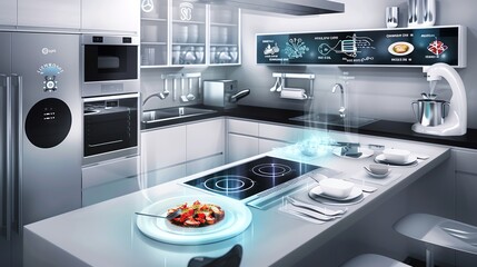 Futuristic smart kitchen with advanced appliances, touch-control screens, and a high-tech cooking environment for modern living.