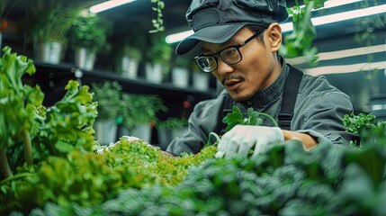 Wall Mural - expert asian scientific horticulturalist in uniform tending to a home smart farming setup harvesting leafy green vegetables