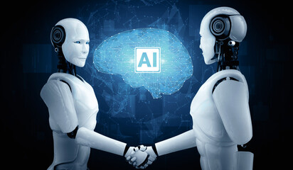 Poster - mlp 3d illustration humanoid robot handshake to collaborate future technology development by ai thin