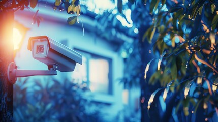 Outdoor security camera mounted on a tree, monitoring a house at dusk with a serene blue light ambiance.