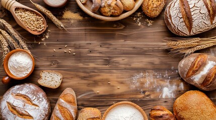 Top view of fresh bakery bread background.