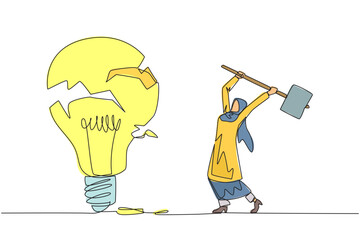 Poster - continuous one line drawing arab businesswoman preparing to hit big lightbulb. the thrashing anger. 