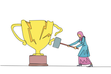 Poster - Single continuous line drawing Arabian businesswoman preparing to hit big trophy. Rampage. Expressing mounting anger. Smashing trophy with a sledgehammer. Failed. One line design vector illustration